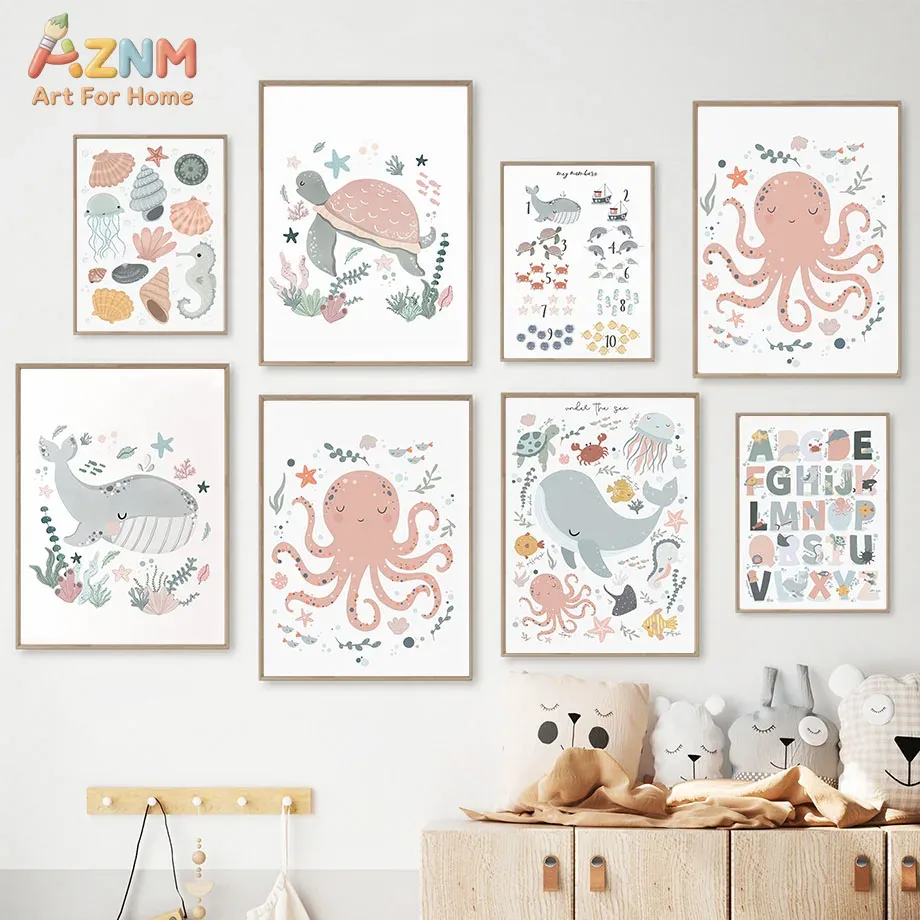 Kids Educational - Alphabet Numbers & More - AZNM Nursery Sea Animal Canvas Wall